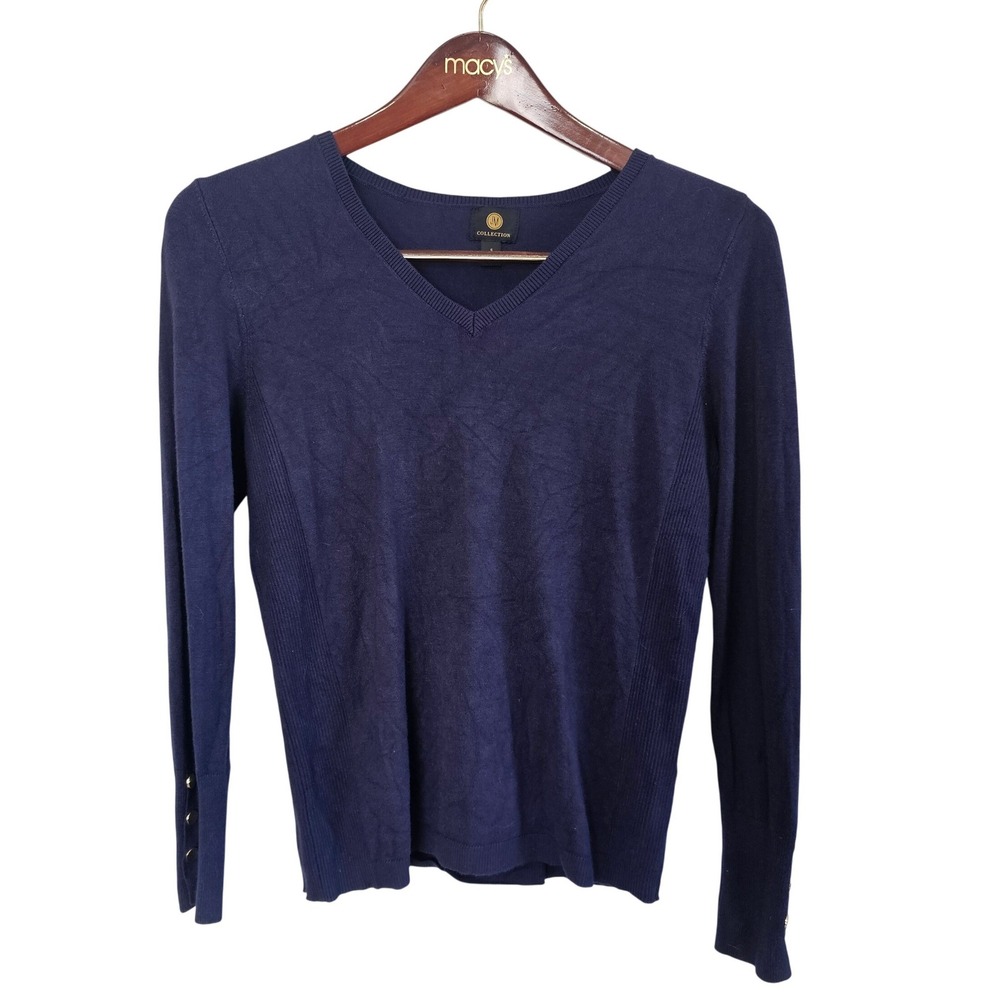 JM Collection Womens Navy Blue V-Neck Sweater Gold‎ Button Cuff Ribbed Size S
